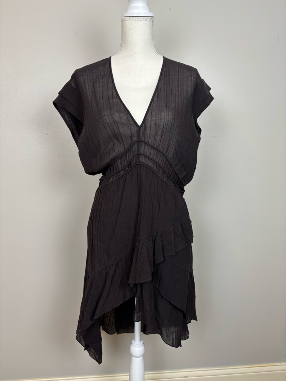 IRO Dress Womens 40 US 8 Black Foroura Asymmetrical Sheer Short Sleeve Mini